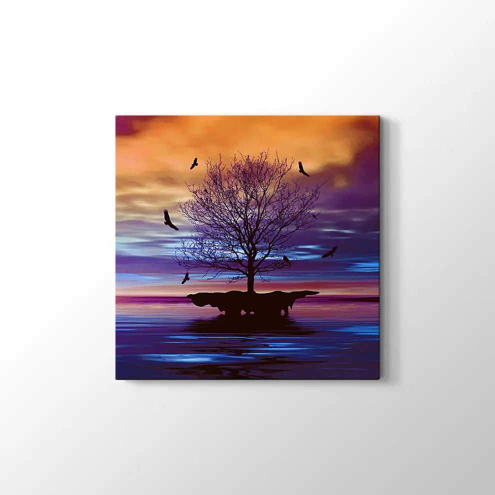 Yanlız Ağaç ve Kuşlar Kanvas Tablo