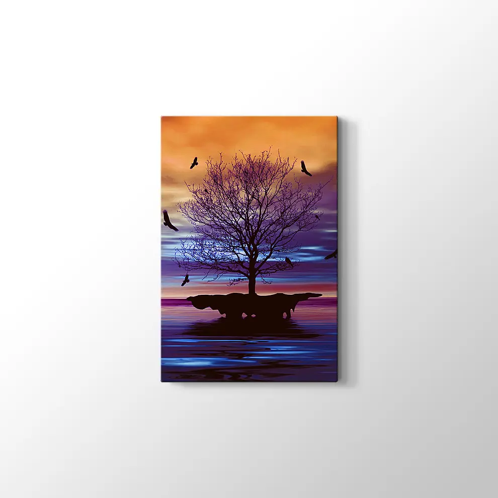 Yanlız Ağaç ve Kuşlar Kanvas Tablo