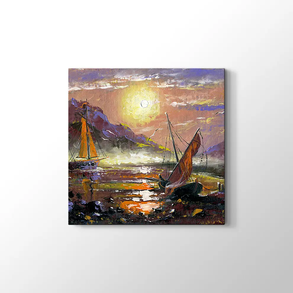 Yağlıboya Görünümlü Deniz ve Gemiler Kanvas Tablo