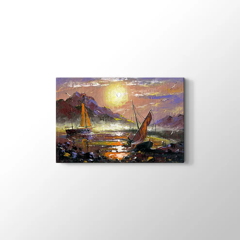 Yağlıboya Görünümlü Deniz ve Gemiler Kanvas Tablo