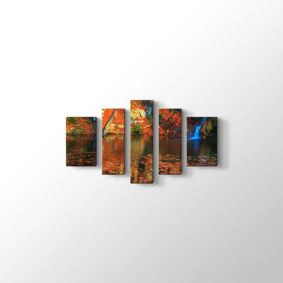 Ormanda Şelale ve Sonbahar Kanvas Tablo