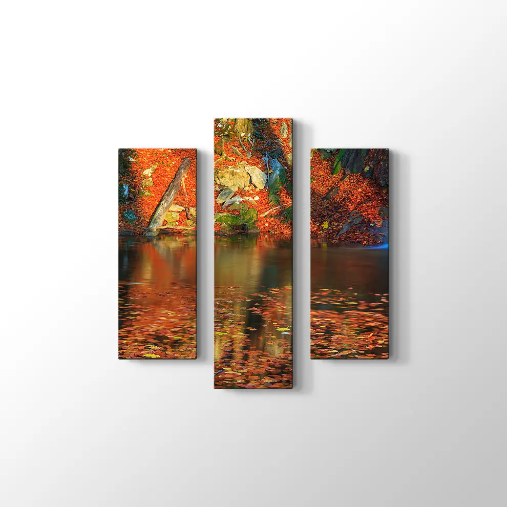 Ormanda Şelale ve Sonbahar Kanvas Tablo