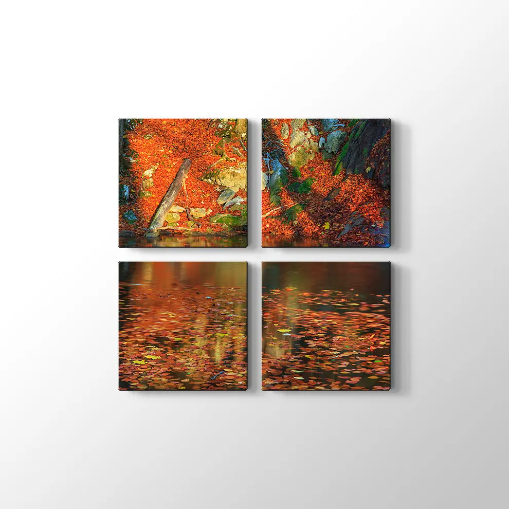 Ormanda Şelale ve Sonbahar Kanvas Tablo