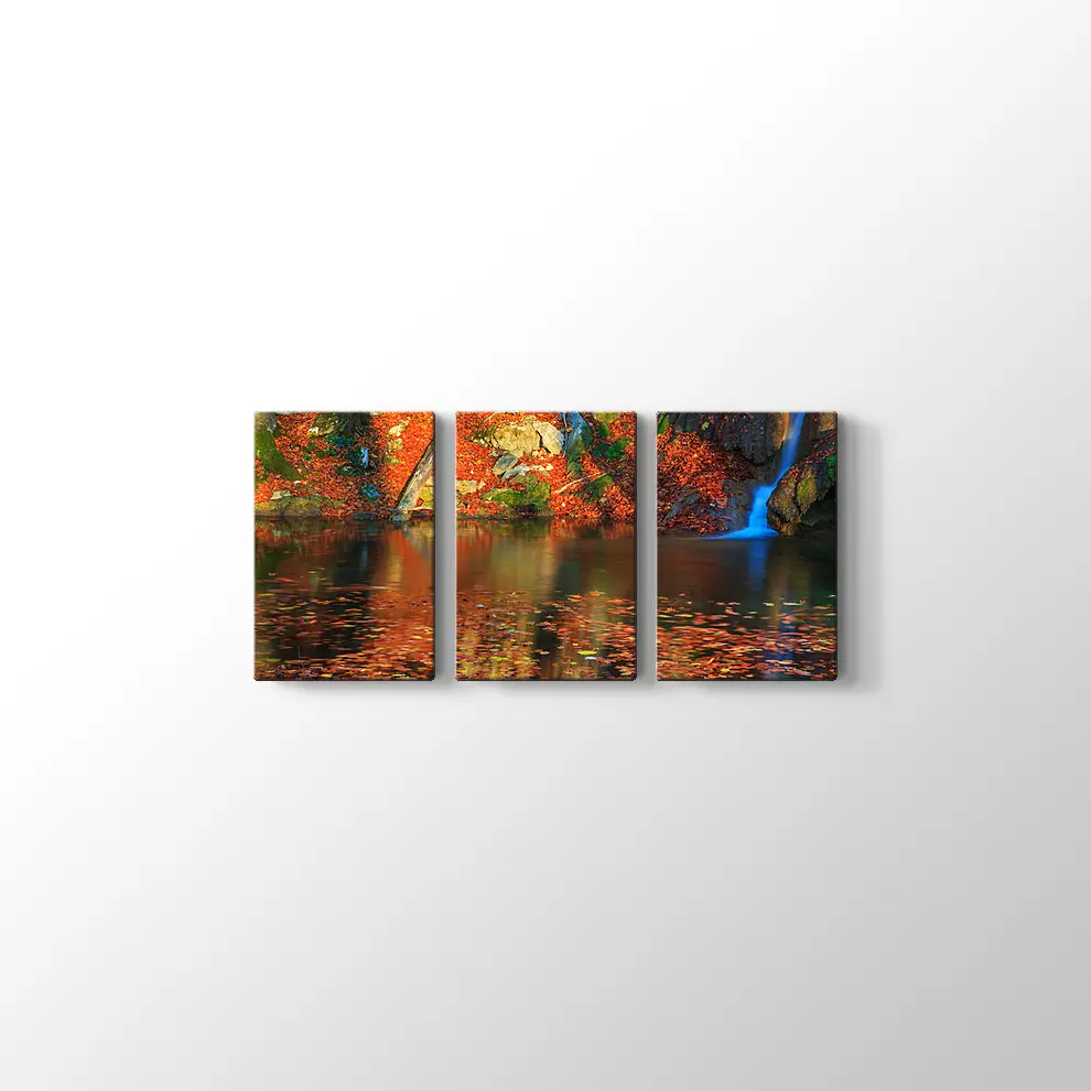 Ormanda Şelale ve Sonbahar Kanvas Tablo