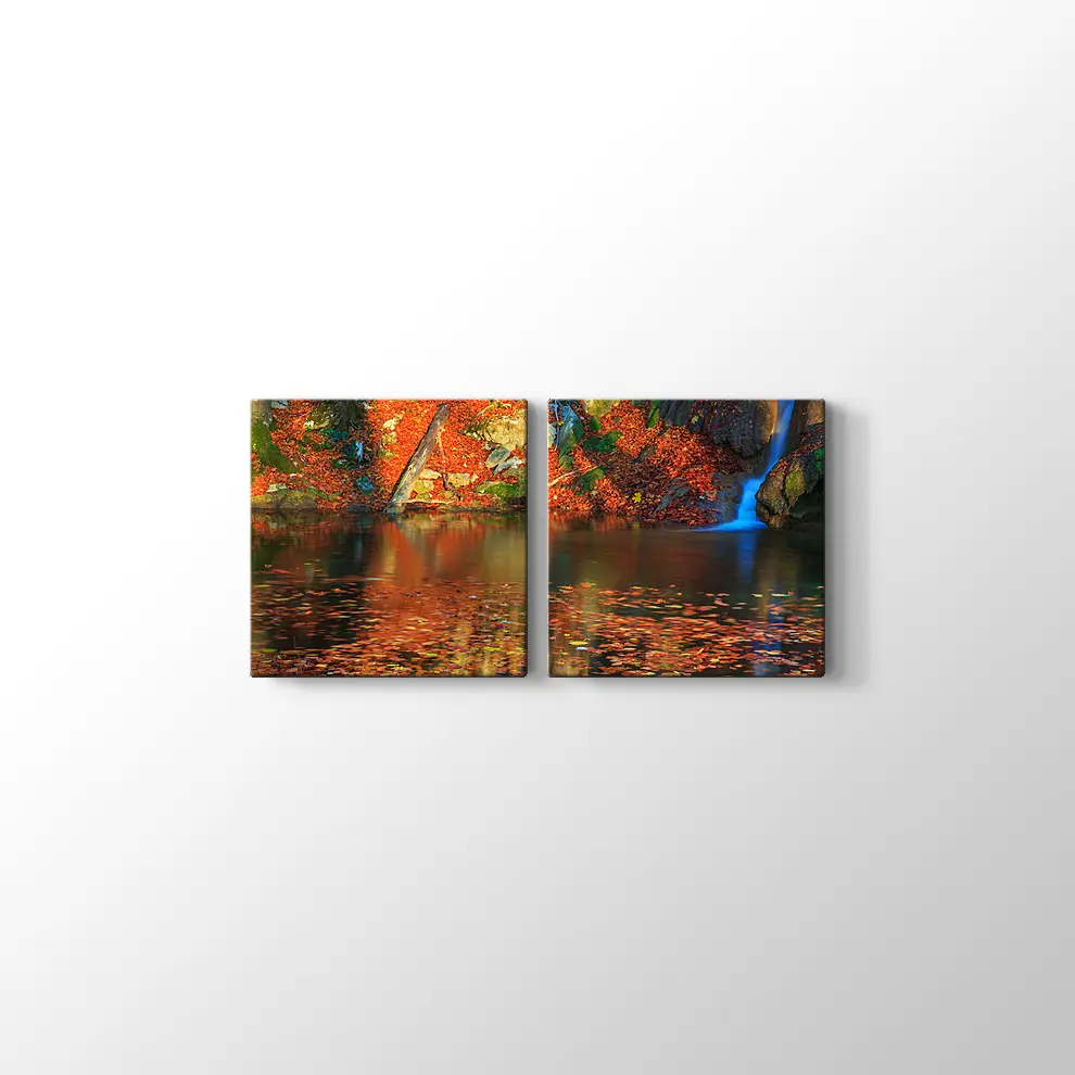 Ormanda Şelale ve Sonbahar Kanvas Tablo