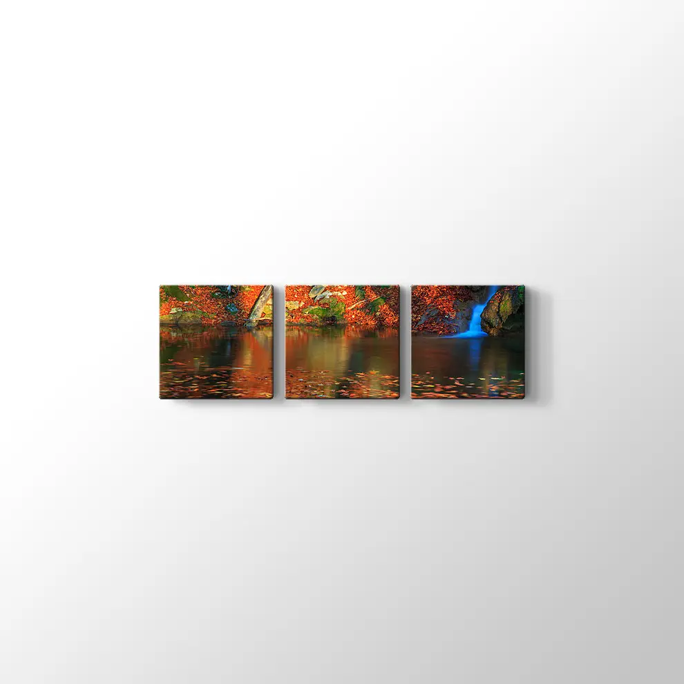 Ormanda Şelale ve Sonbahar Kanvas Tablo