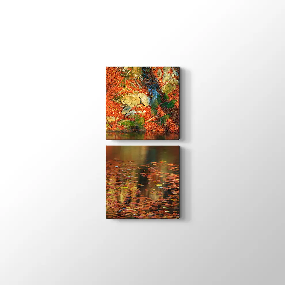 Ormanda Şelale ve Sonbahar Kanvas Tablo