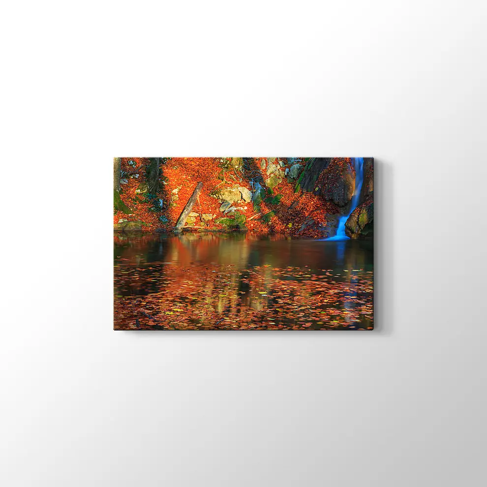 Ormanda Şelale ve Sonbahar Kanvas Tablo