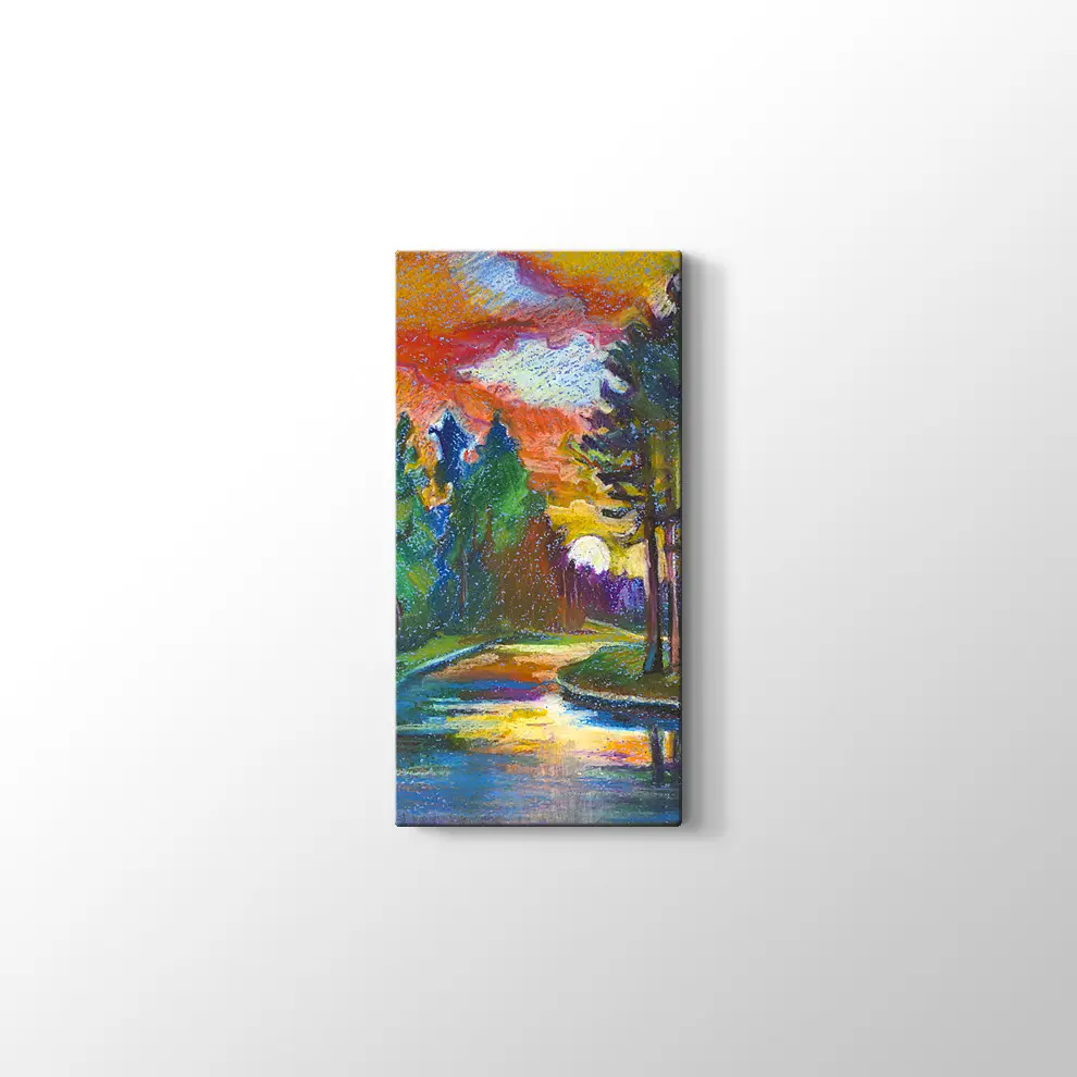 Günbatımı Çamlar ve Nehir Kanvas Tablo