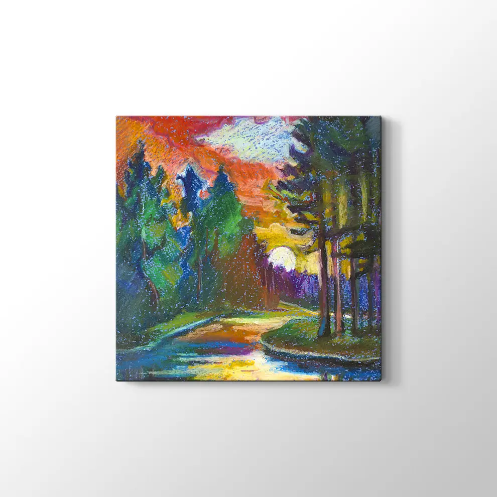 Günbatımı Çamlar ve Nehir Kanvas Tablo