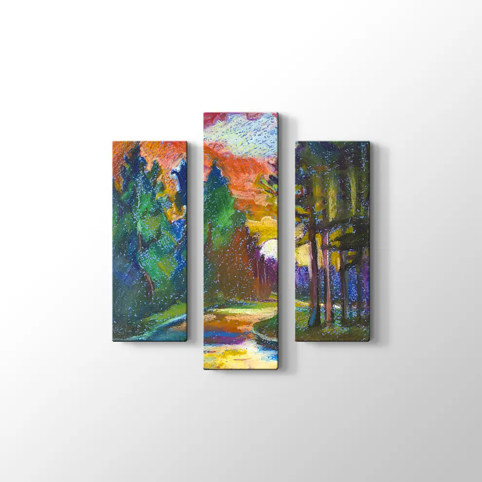 Günbatımı Çamlar ve Nehir Kanvas Tablo