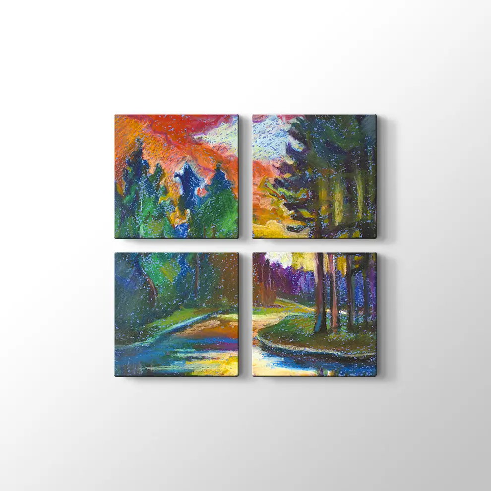 Günbatımı Çamlar ve Nehir Kanvas Tablo