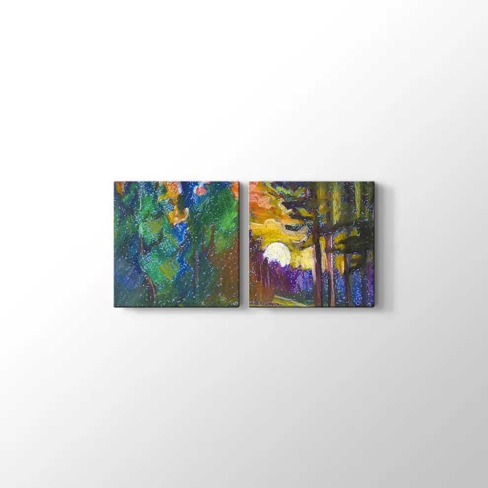 Günbatımı Çamlar ve Nehir Kanvas Tablo