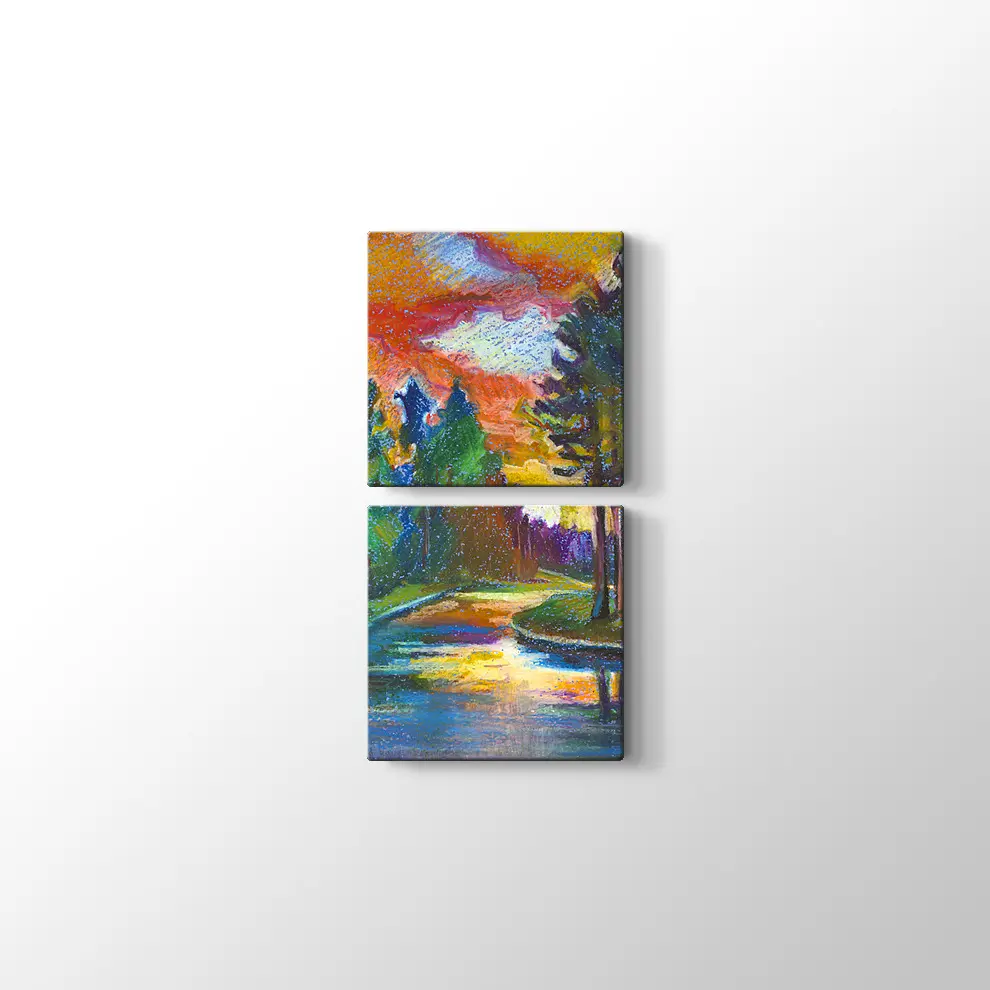 Günbatımı Çamlar ve Nehir Kanvas Tablo