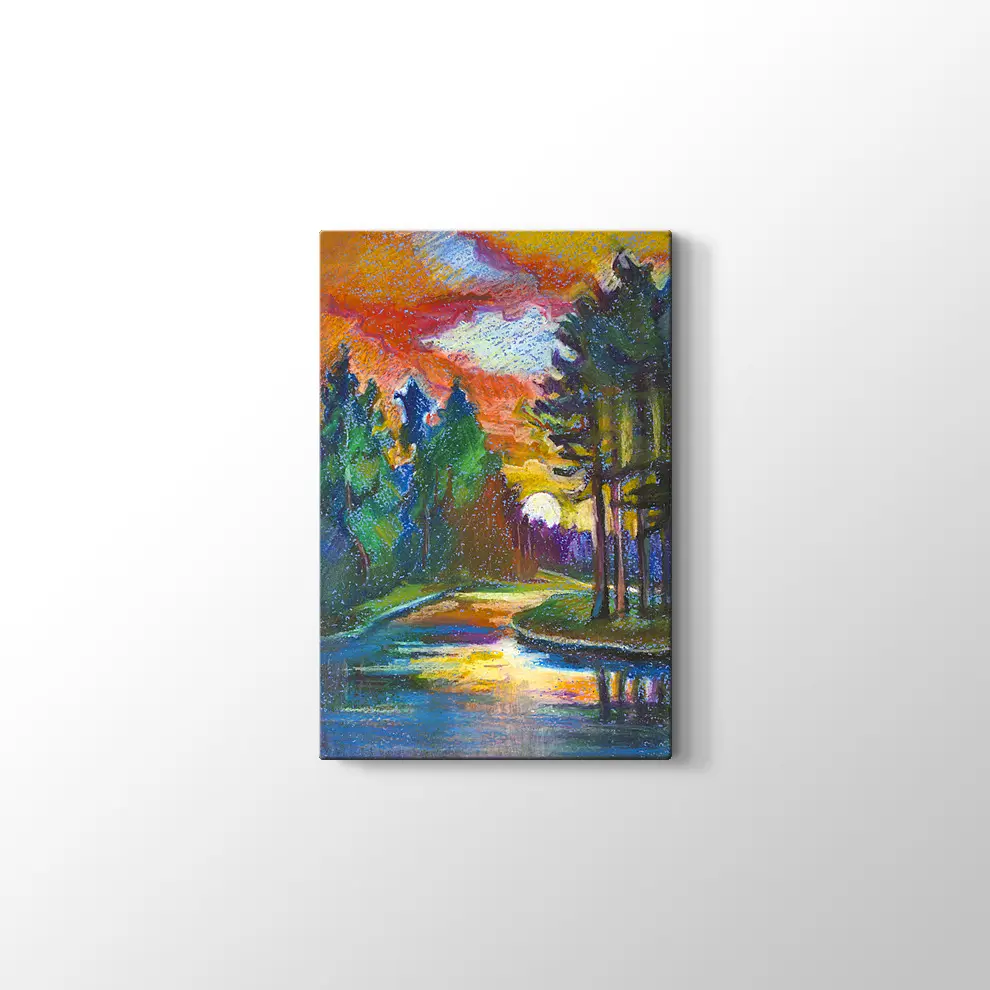 Günbatımı Çamlar ve Nehir Kanvas Tablo