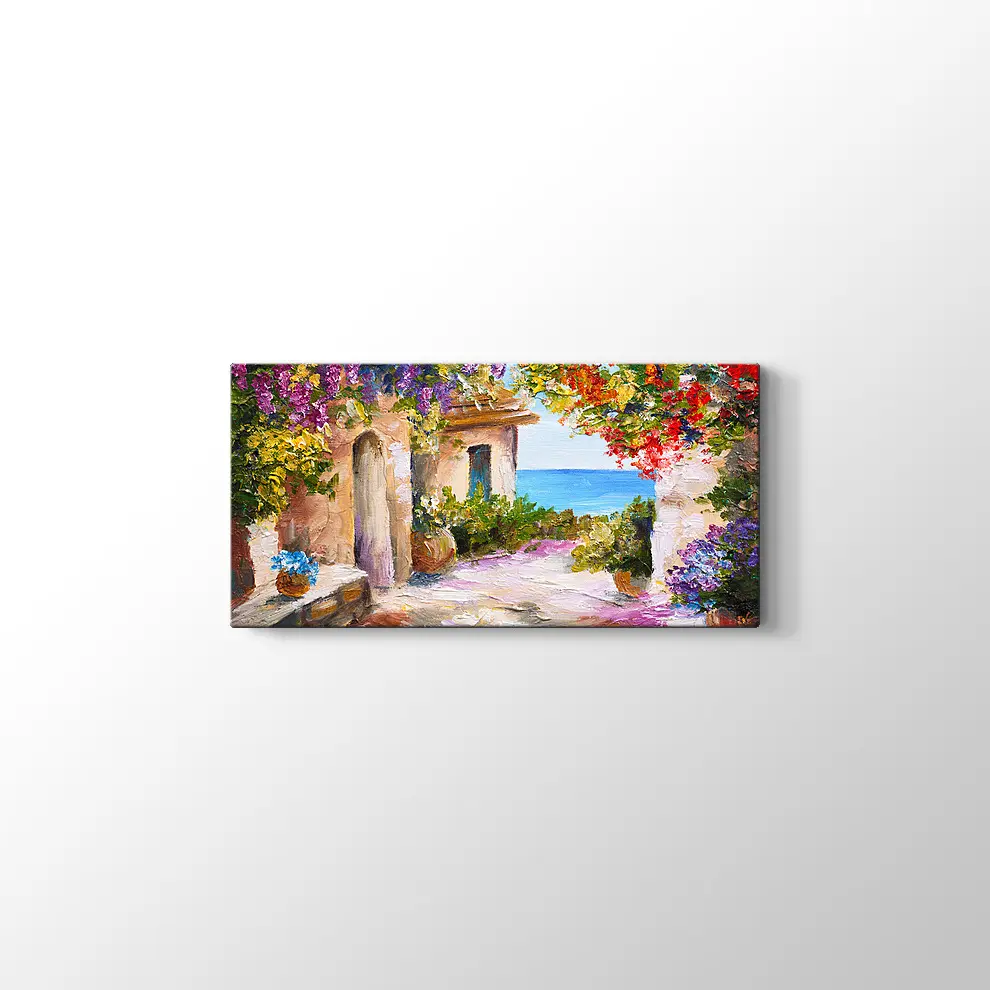 Yağlıboya Çiçekli Sokak ve Deniz Kanvas Tablo