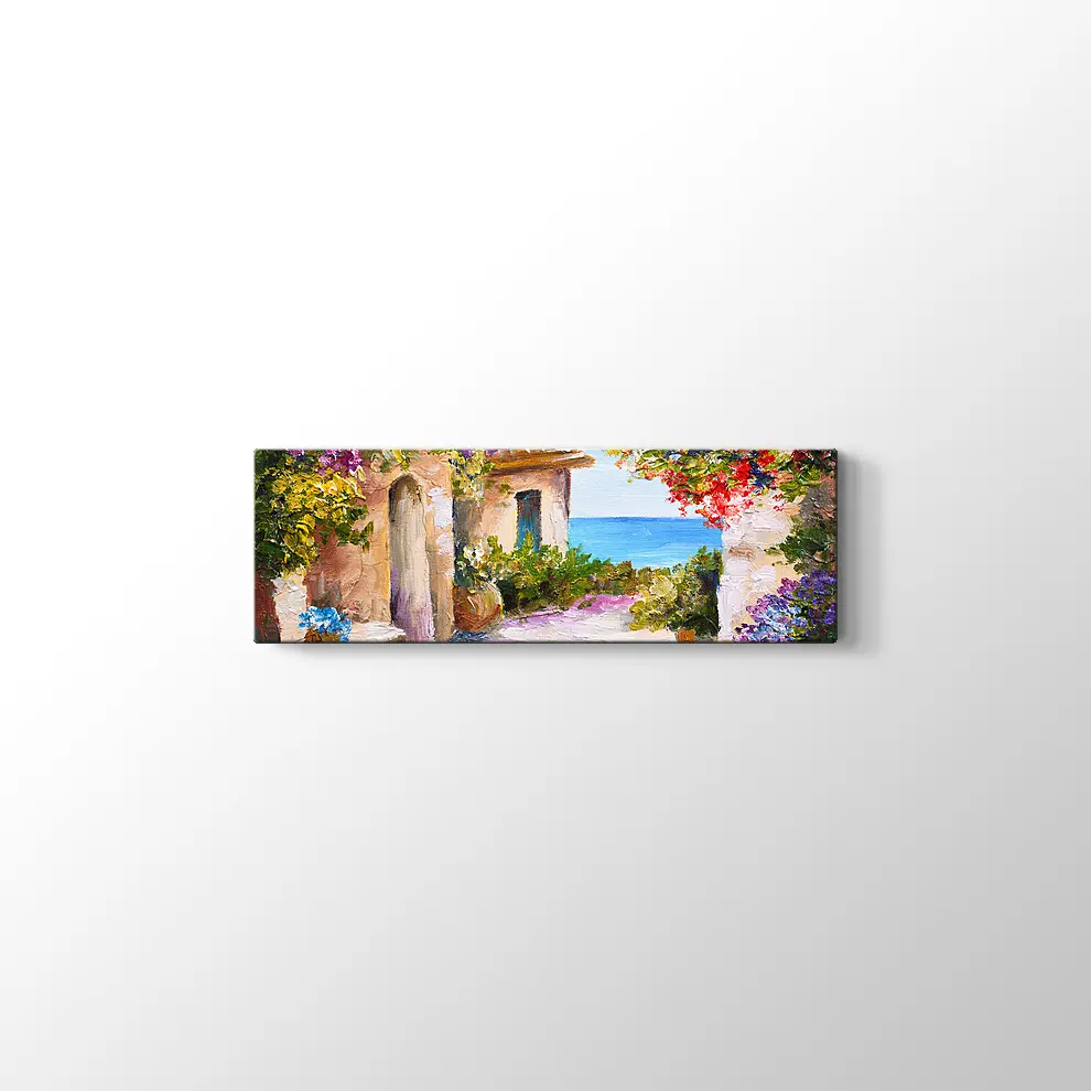 Yağlıboya Çiçekli Sokak ve Deniz Kanvas Tablo