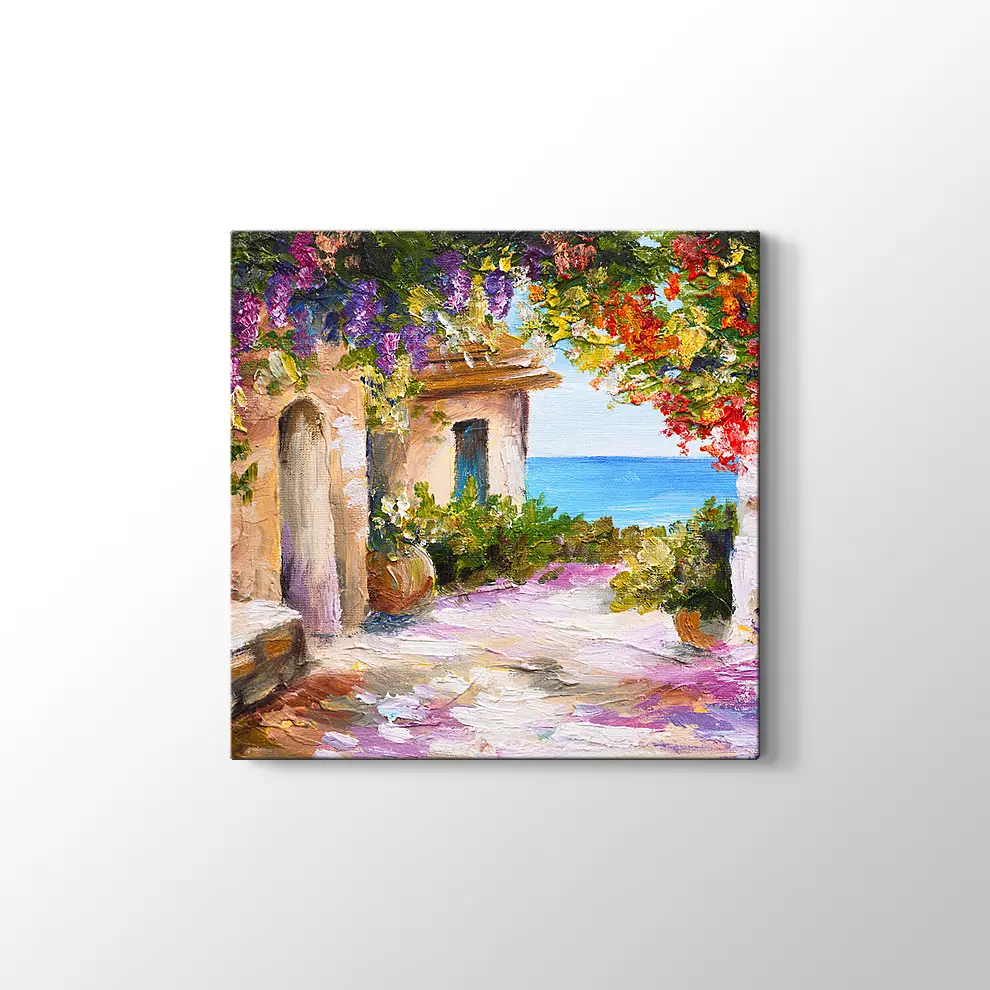 Yağlıboya Çiçekli Sokak ve Deniz Kanvas Tablo