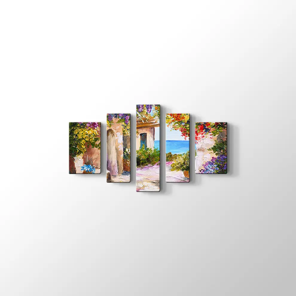 Yağlıboya Çiçekli Sokak ve Deniz Kanvas Tablo