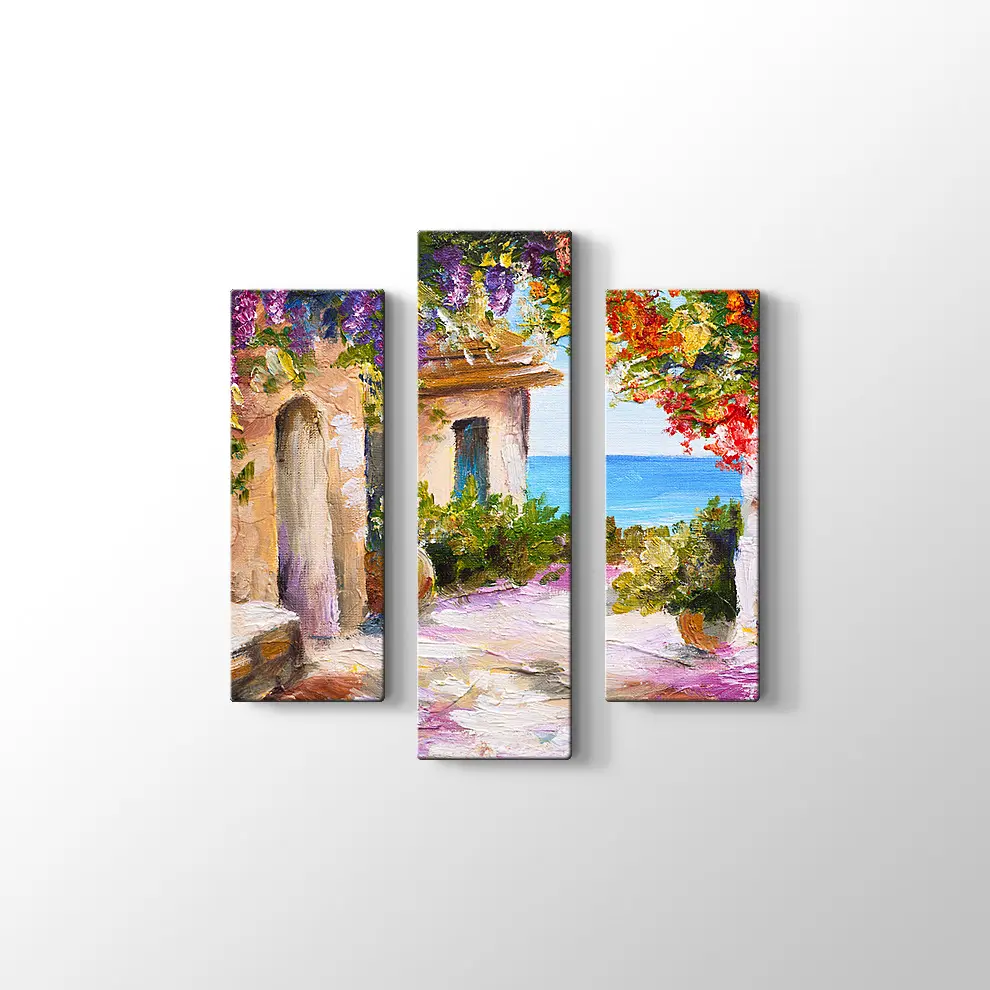 Yağlıboya Çiçekli Sokak ve Deniz Kanvas Tablo