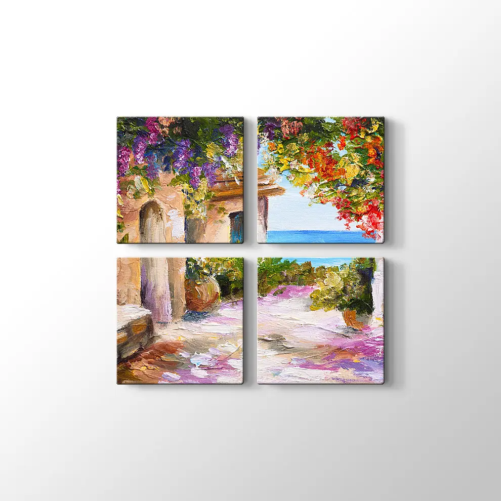 Yağlıboya Çiçekli Sokak ve Deniz Kanvas Tablo