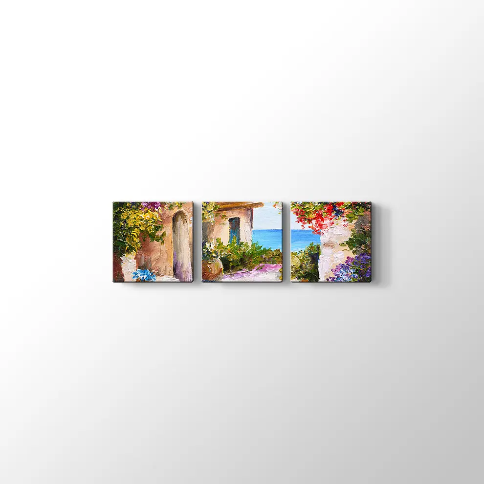 Yağlıboya Çiçekli Sokak ve Deniz Kanvas Tablo