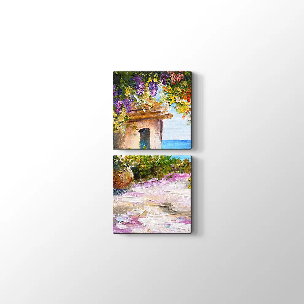 Yağlıboya Çiçekli Sokak ve Deniz Kanvas Tablo