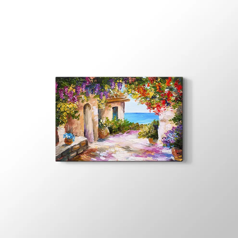 Yağlıboya Çiçekli Sokak ve Deniz Kanvas Tablo