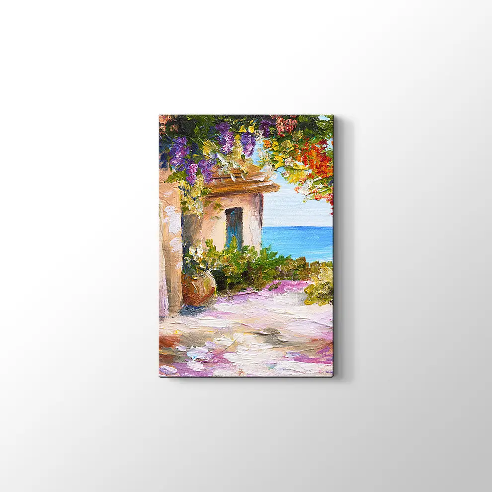 Yağlıboya Çiçekli Sokak ve Deniz Kanvas Tablo