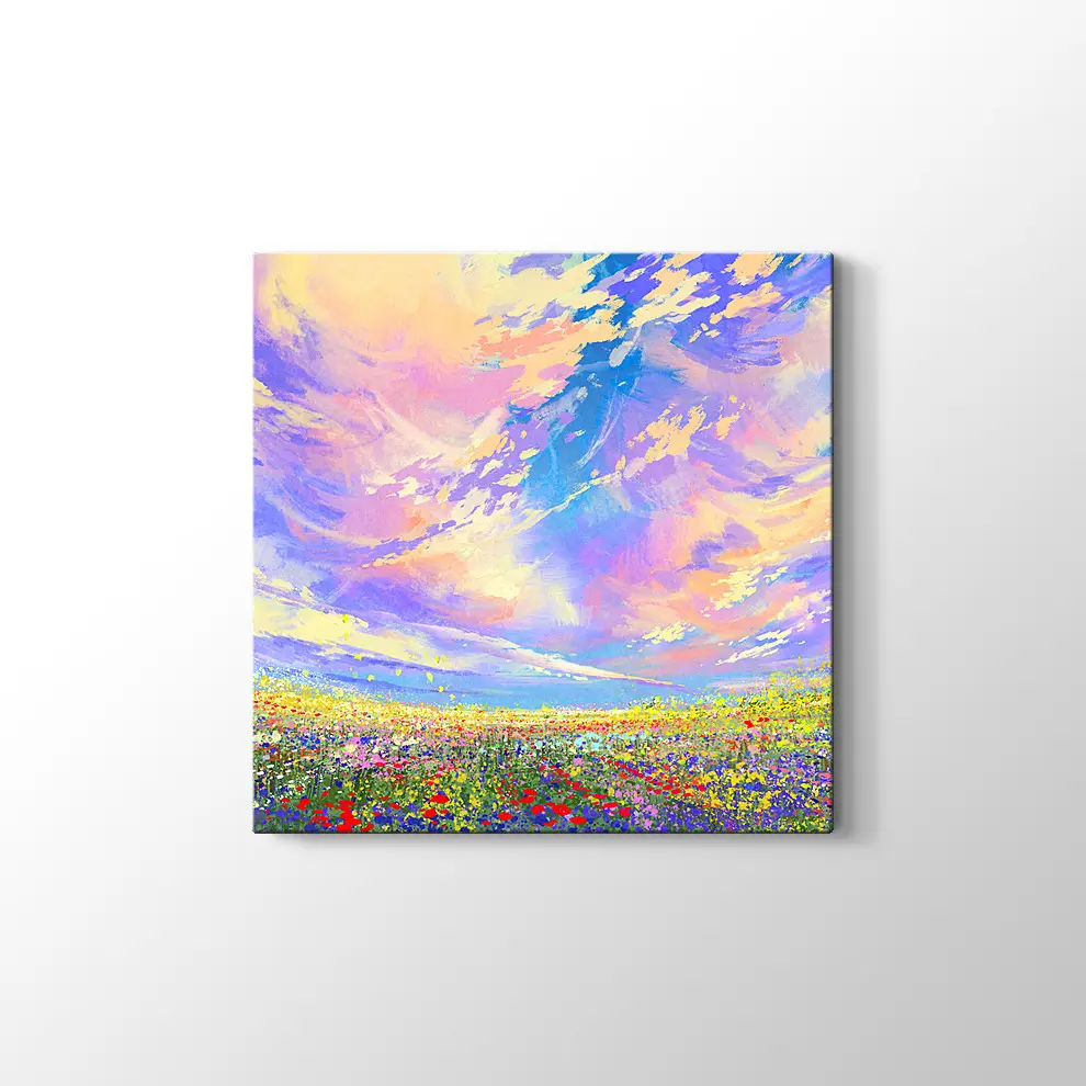 Bulutların Altında Çiçek Tarlası Kanvas Tablo