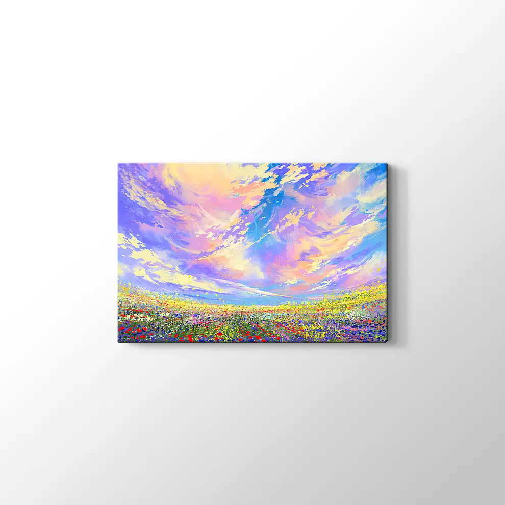 Bulutların Altında Çiçek Tarlası Kanvas Tablo