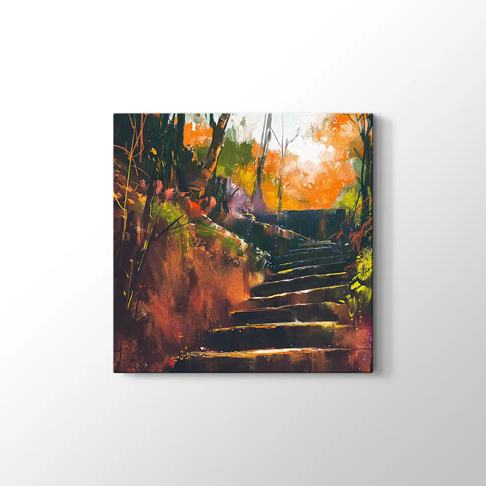 Sonbahar Ormanında Taş Merdiven Kanvas Tablo