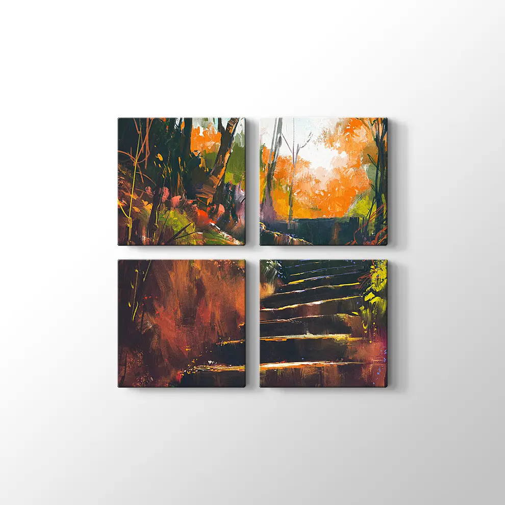 Sonbahar Ormanında Taş Merdiven Kanvas Tablo