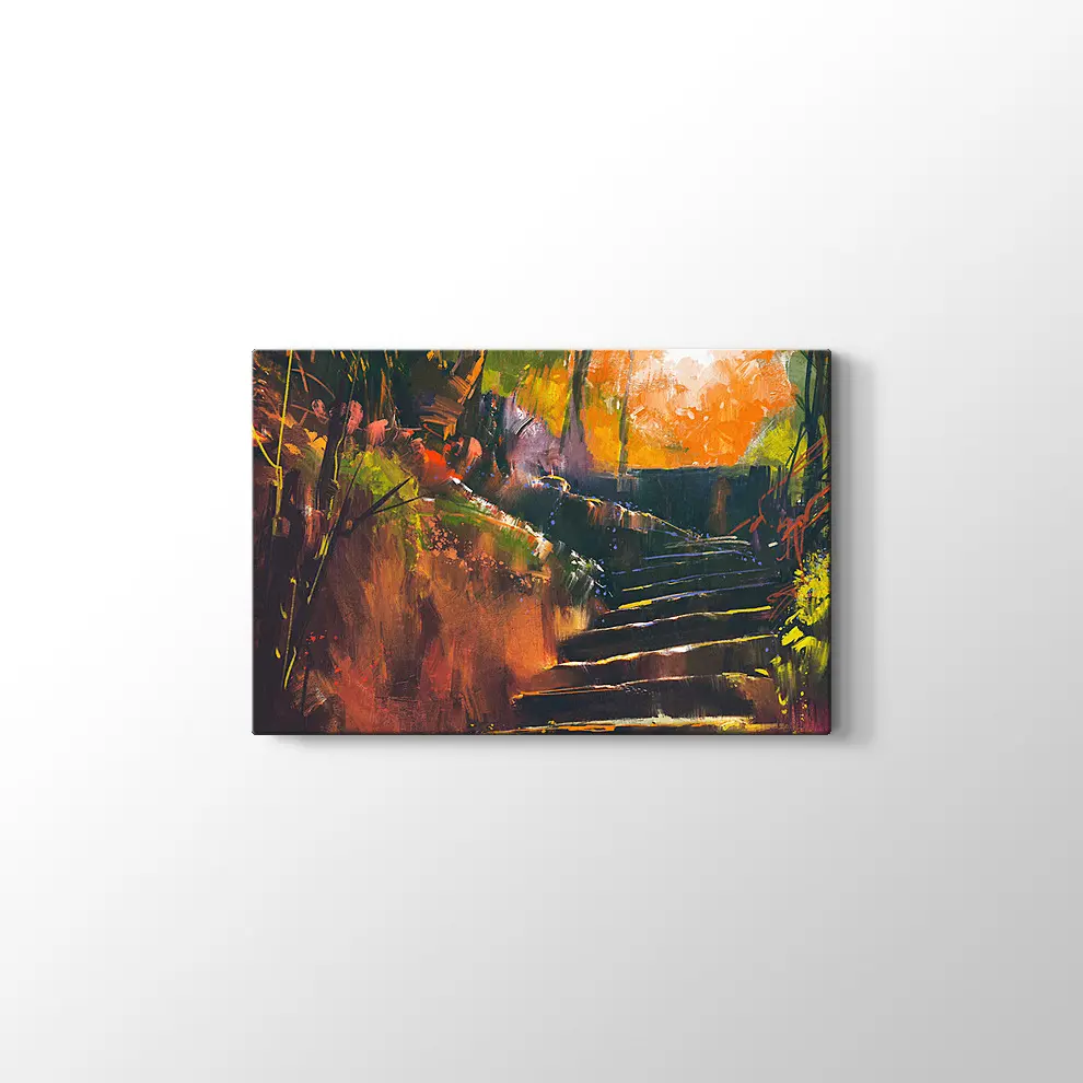 Sonbahar Ormanında Taş Merdiven Kanvas Tablo