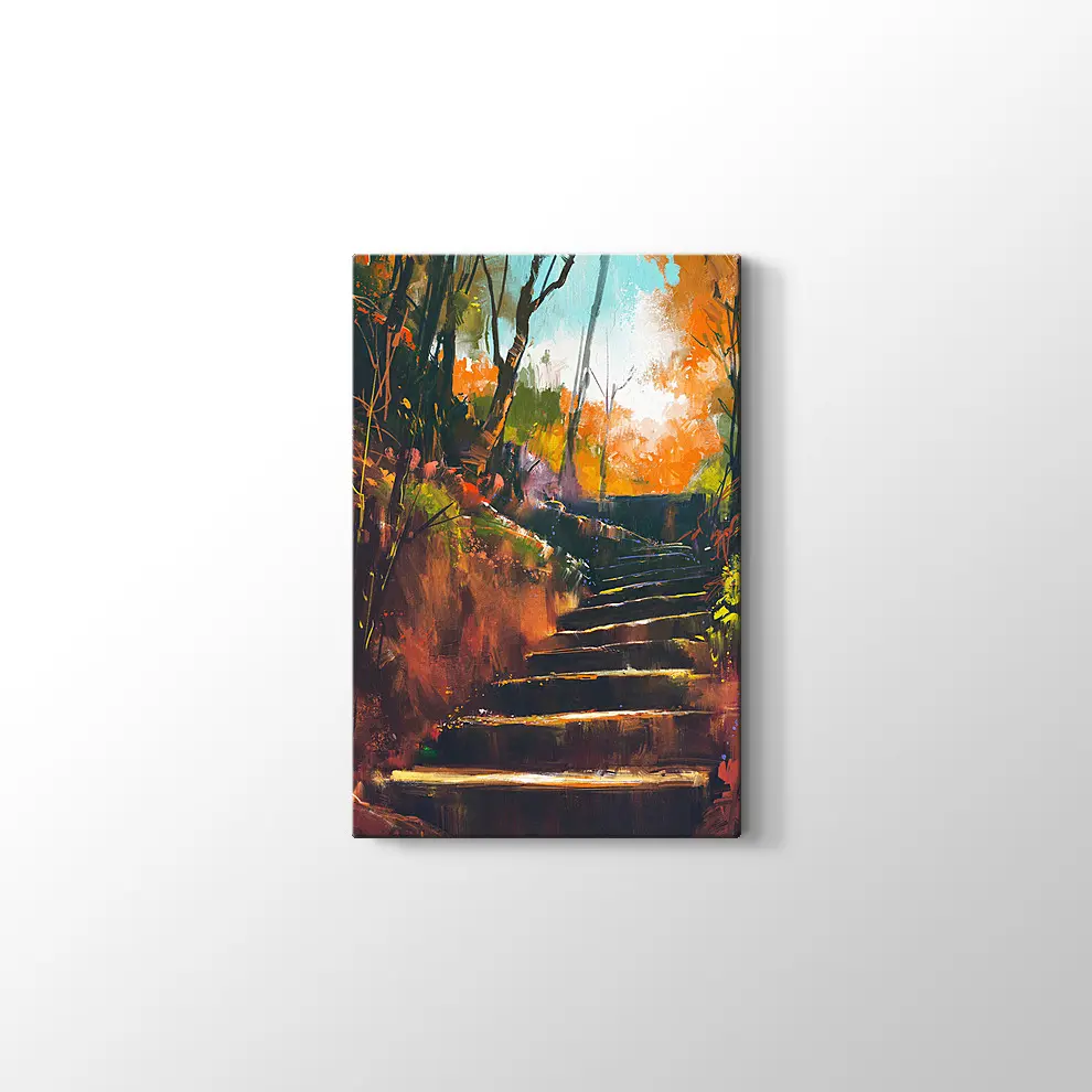 Sonbahar Ormanında Taş Merdiven Kanvas Tablo
