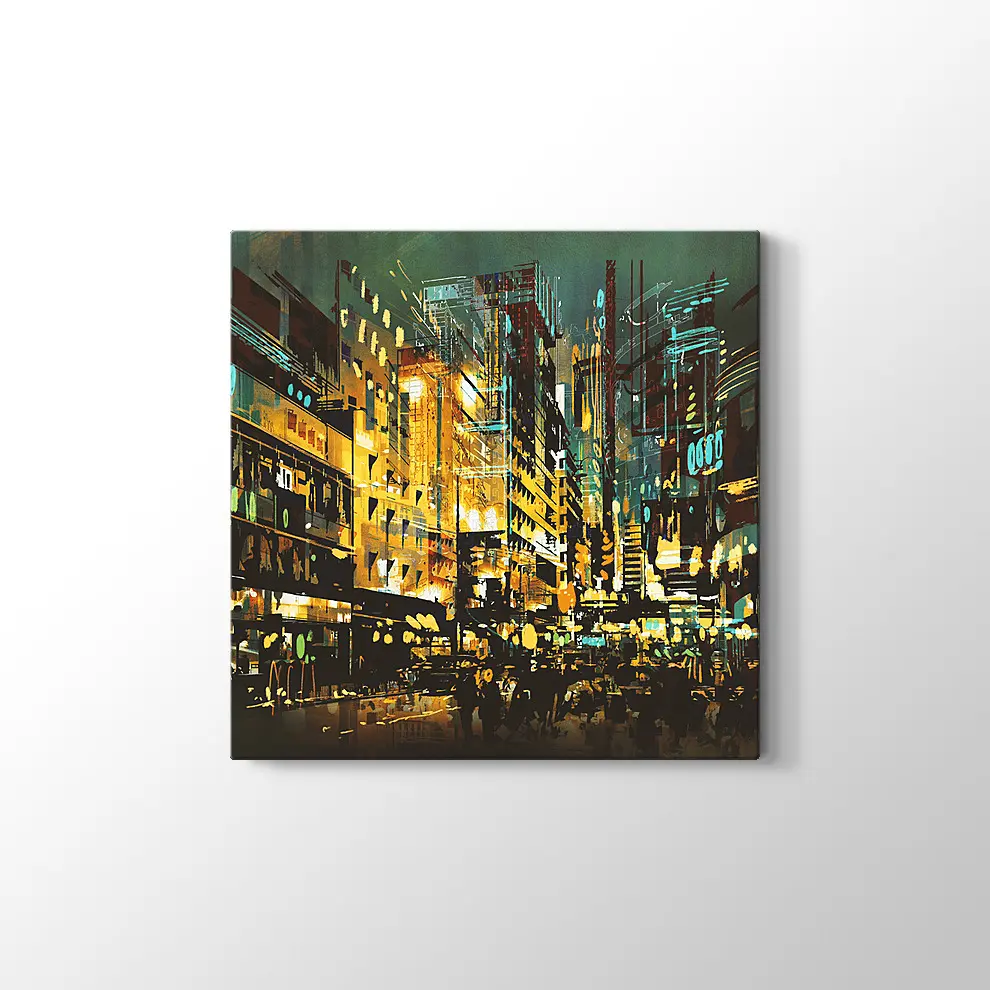 Gece Sahnesi Şehir Manzarası Kanvas Tablo