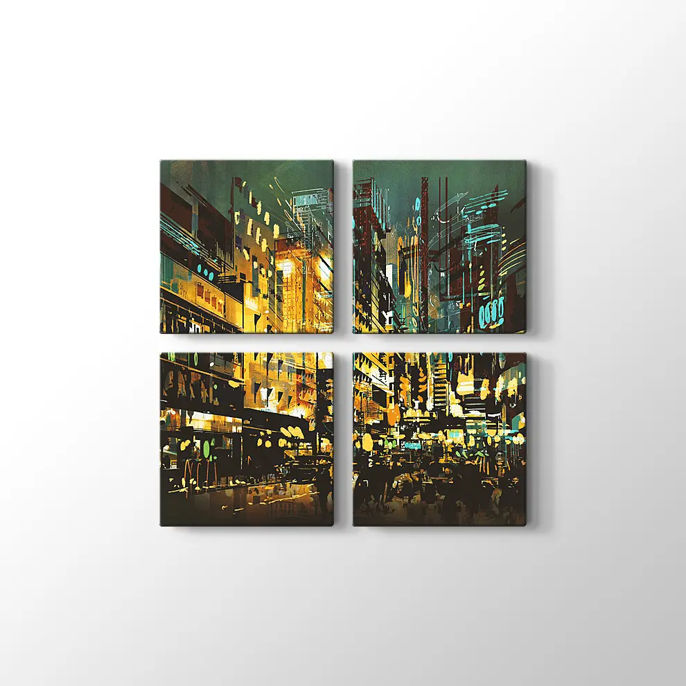 Gece Sahnesi Şehir Manzarası Kanvas Tablo
