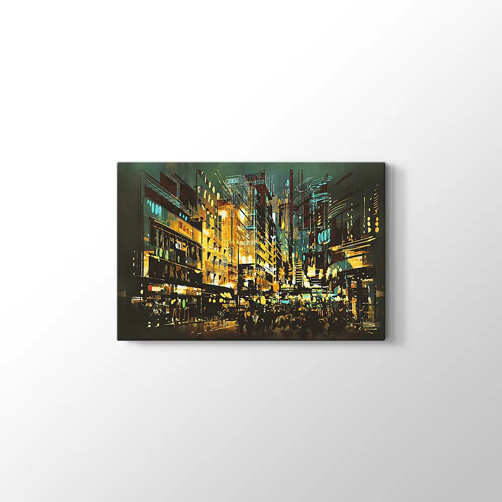 Gece Sahnesi Şehir Manzarası Kanvas Tablo