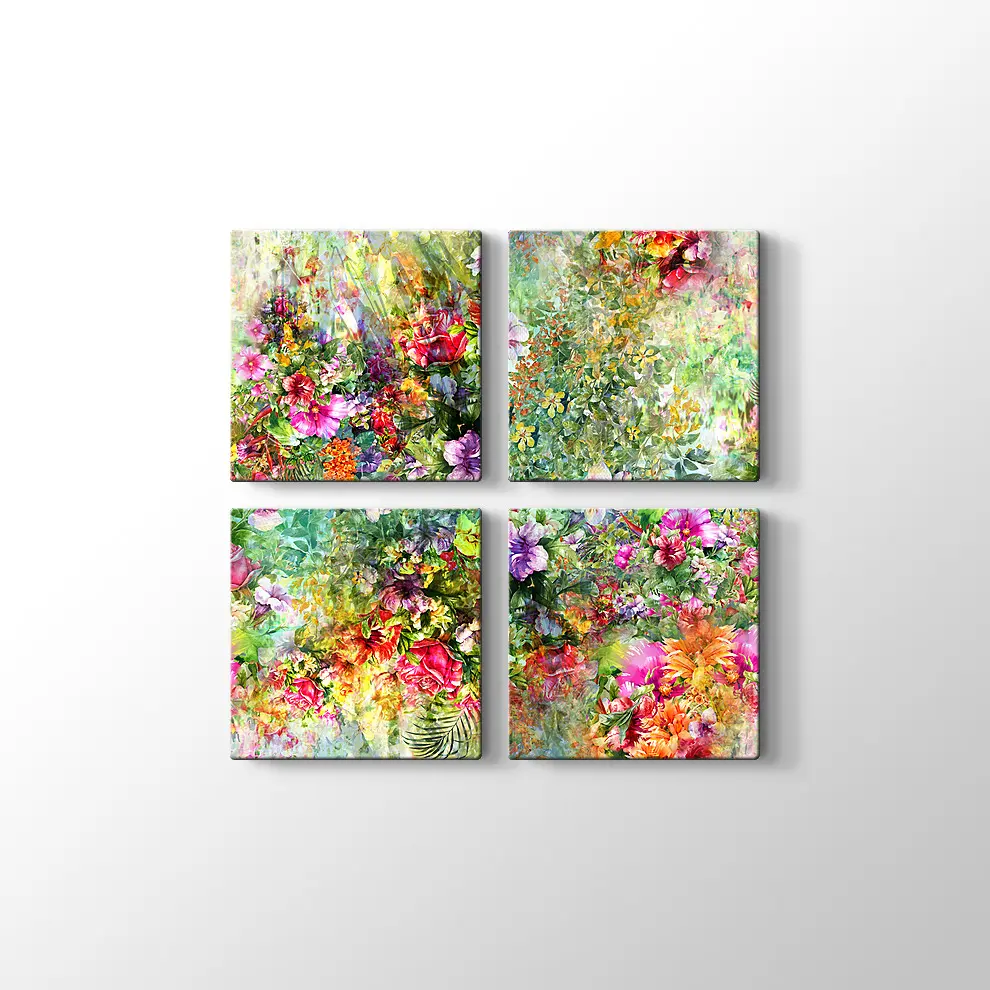 Suluboya ile Yaprak ve Çiçekler Kanvas Tablo