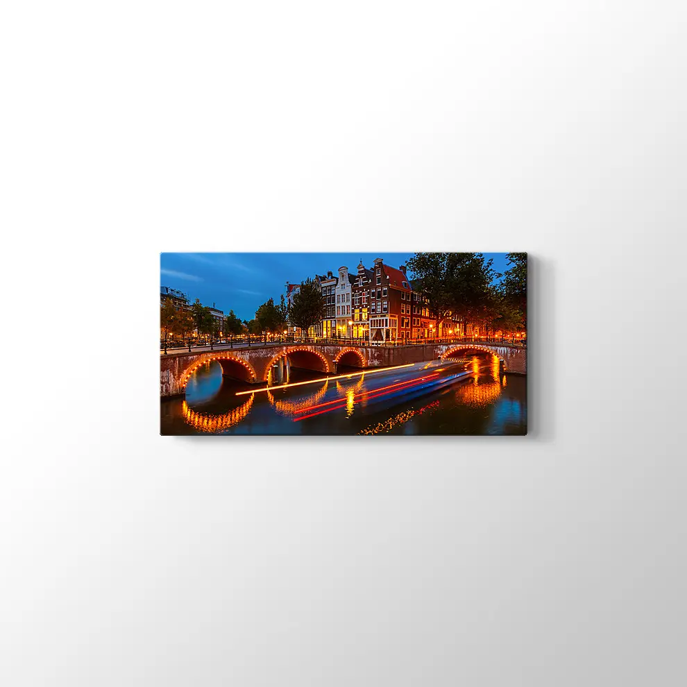 Geceleri Amsterdamda Kanallar Kanvas Tablo