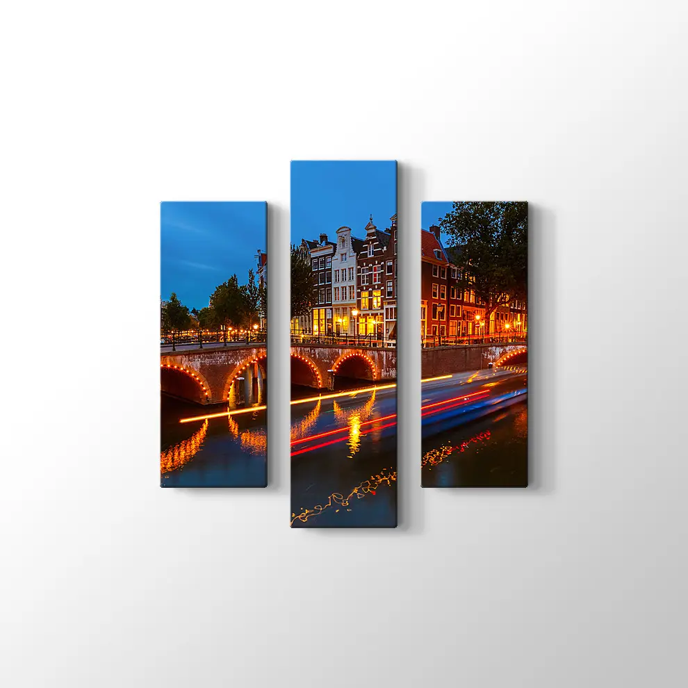 Geceleri Amsterdamda Kanallar Kanvas Tablo