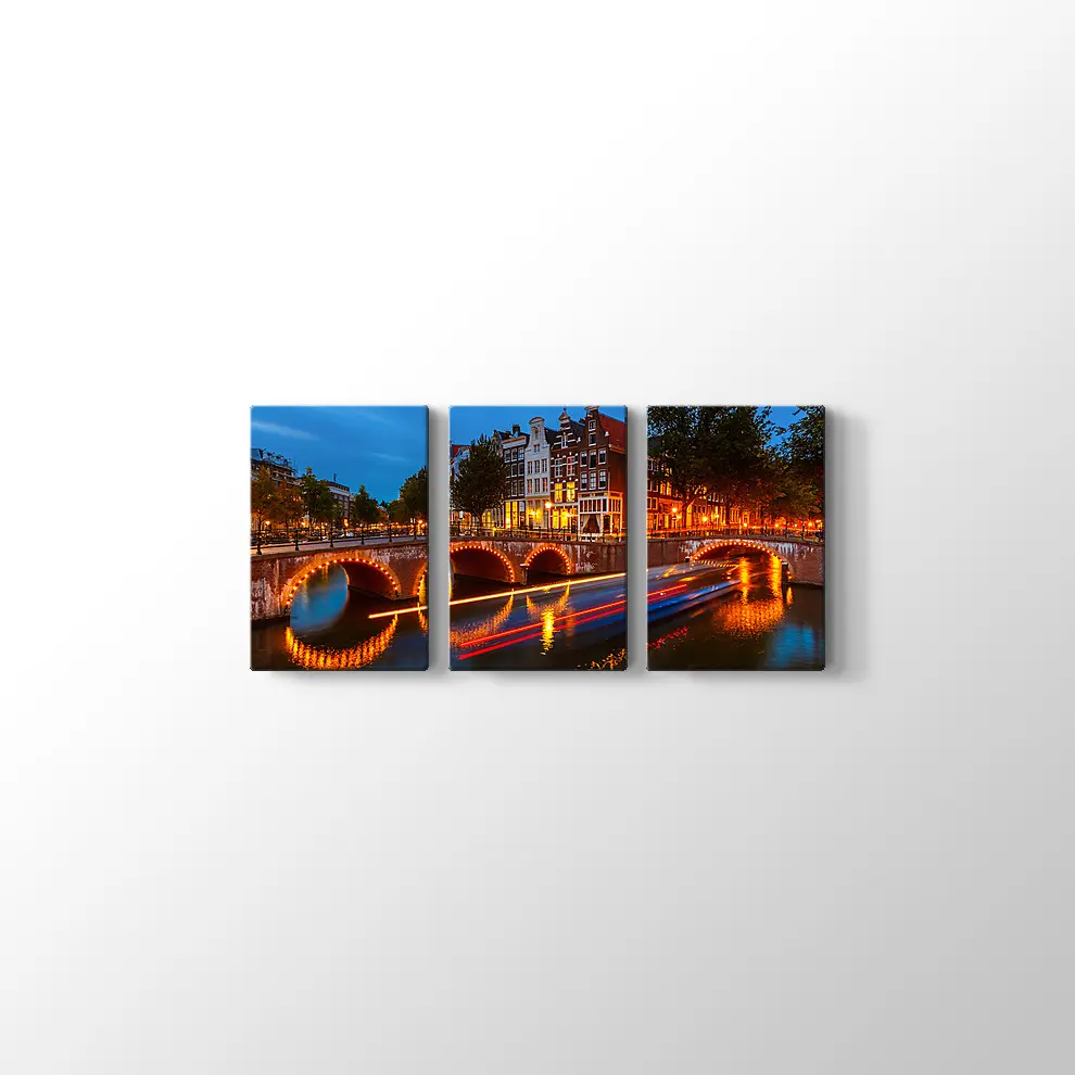 Geceleri Amsterdamda Kanallar Kanvas Tablo