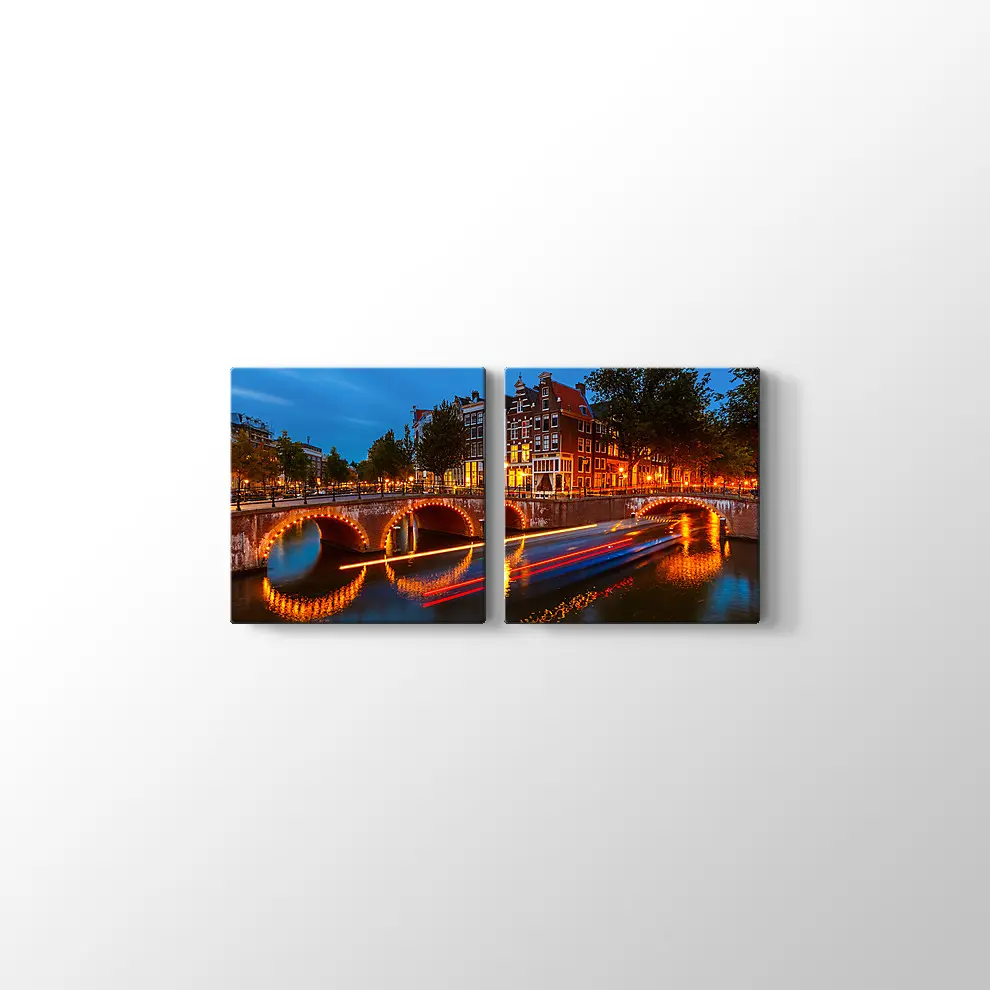 Geceleri Amsterdamda Kanallar Kanvas Tablo