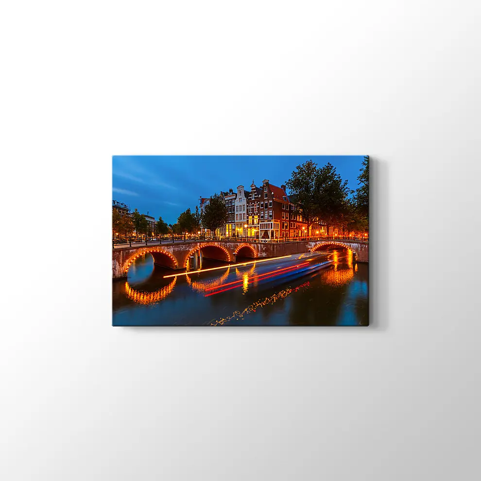 Geceleri Amsterdamda Kanallar Kanvas Tablo
