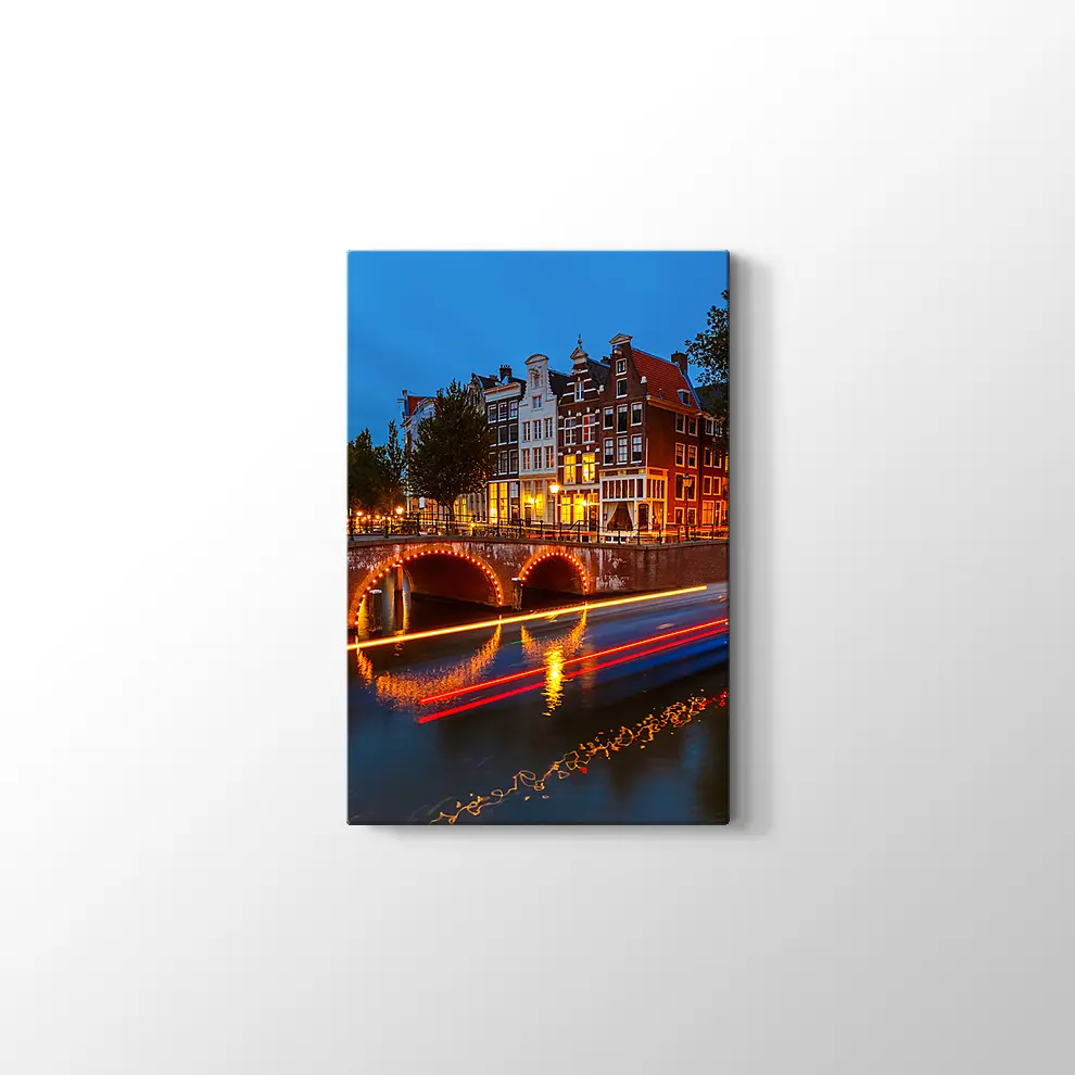 Geceleri Amsterdamda Kanallar Kanvas Tablo