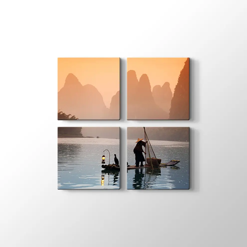 Karabatak Kuşlarıyla Balık Tutan Çinli Adam Kanvas Tablo