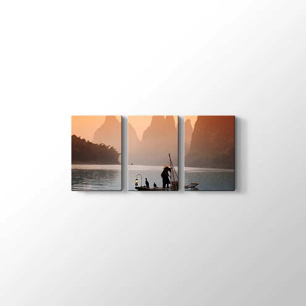 Karabatak Kuşlarıyla Balık Tutan Çinli Adam Kanvas Tablo