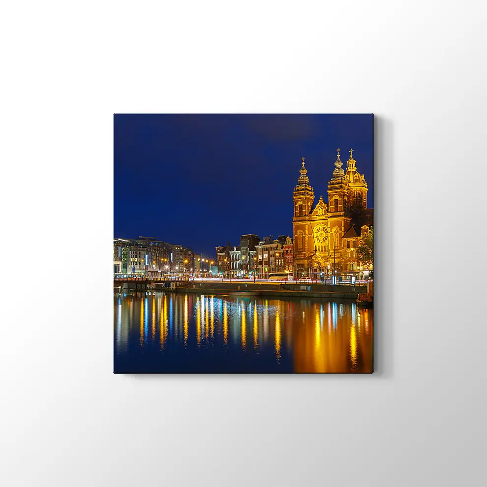 Amsterdam Gece Şehir Manzarası Kanvas Tablo
