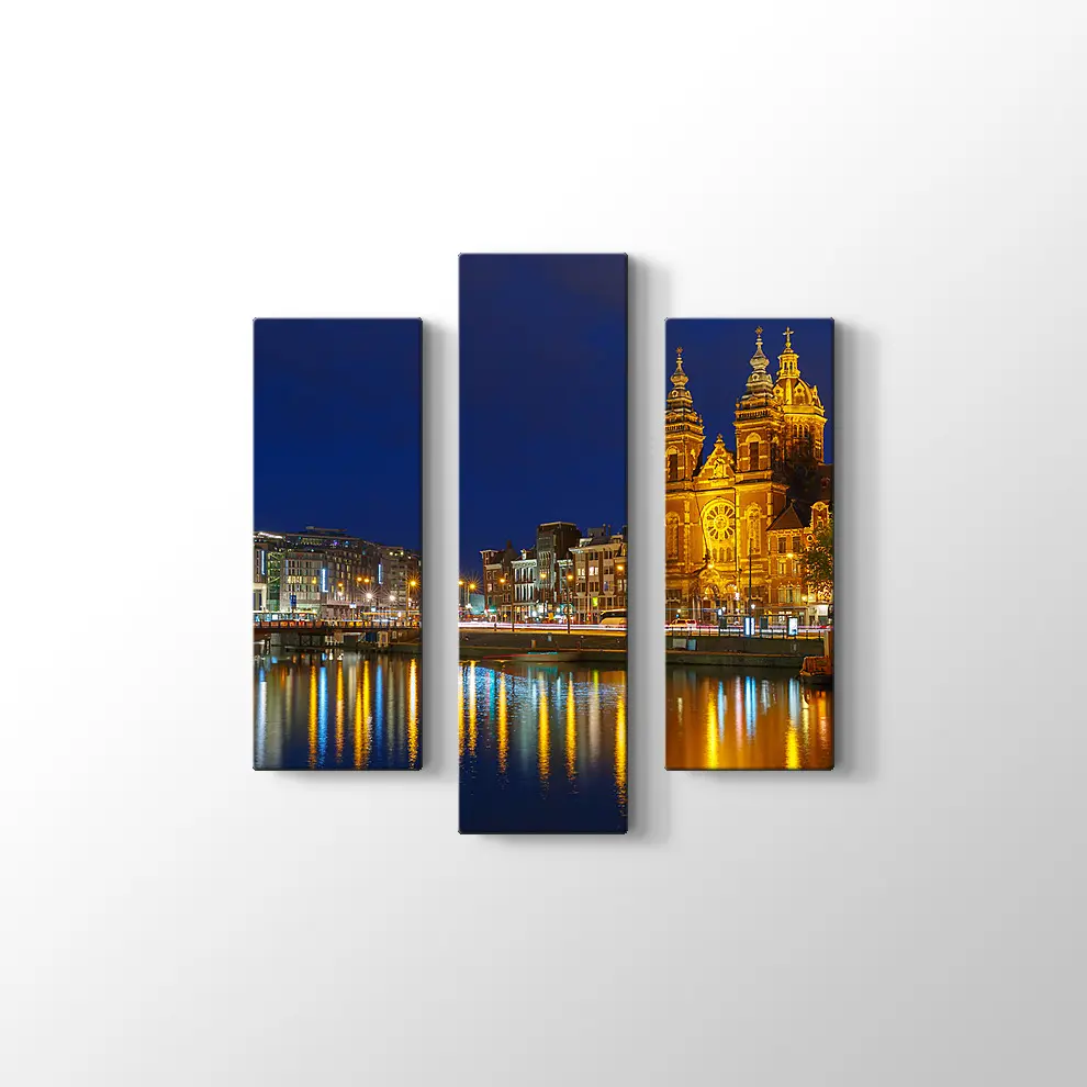 Amsterdam Gece Şehir Manzarası Kanvas Tablo