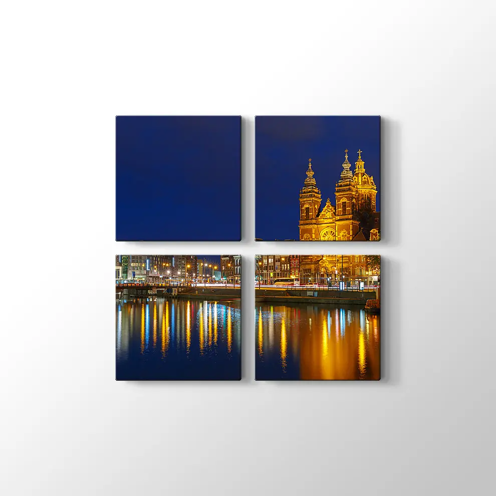 Amsterdam Gece Şehir Manzarası Kanvas Tablo